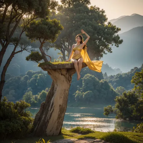 A wide shot of a virtual and non-virtual floating scene with a full-body view of a beautiful woman dressed as the Goddess Nang Kwak. She has fair skin and her face is detailed. She is sitting in a kneeling position on a black glass surface. She has a left ...