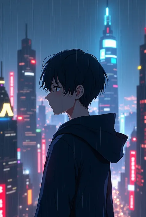 Man, anime boy, just show his back and his face against the view of the future electric city, neon light, like a legend, as little bit raining, but not sad , wear coat, make it like a bird eyes view