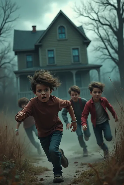 imagine prompt: 2d, personality: [Show the boys escaping the haunted house, faces flushed with fear but mixed with adrenaline. The backdrop of the old house is eerie as they rush towards their car, breaths heavy and hearts racing] unreal engine, hyper real...