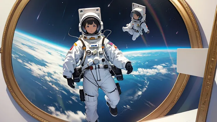 a picture frame around an empty, white center. The picture frame consists of floating astronauts as a child&#39;s drawing