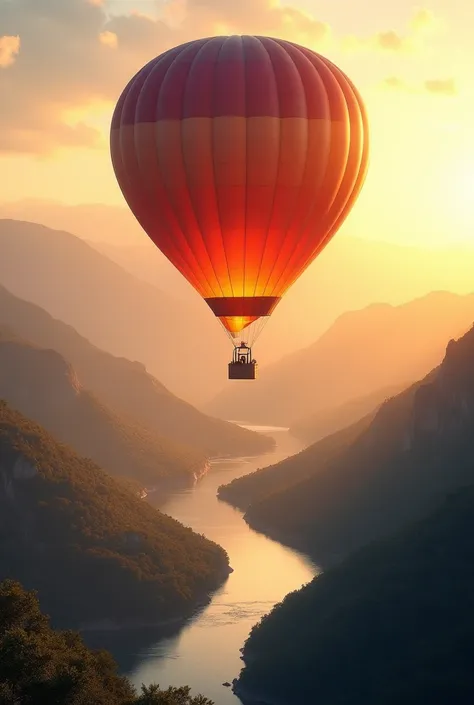 A hot air balloon rising gently above a breathtaking landscape of rolling hills and sparkling rivers. The balloon is bathed in the warm glow of sunrise, symbolizing a release from burdens and a journey towards new possibilities.