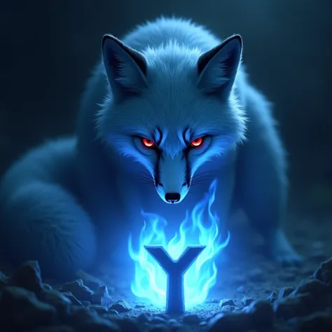 A blue fox with red eyes looking at the letter Y and the number 7 of blue fire with an evil face