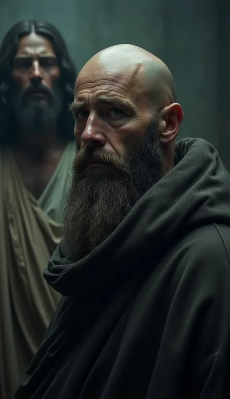 beared man, bald man with Jesus Christ crying in the background, Action, dark, cinematographic.