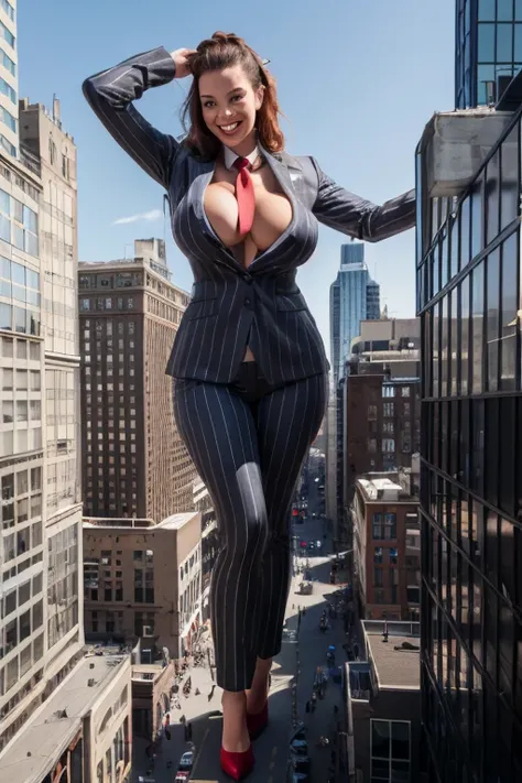 (photorealism:1.2), giant, giantess art, Sky View, giantess, Have a pair of ultra long legs, crushing a with heels skyscraper , huge breasts, curvy, dark grey pinstriped suit，white tailored shirt, massive red tie, Has ginger waist-length hair，Wearing a pai...