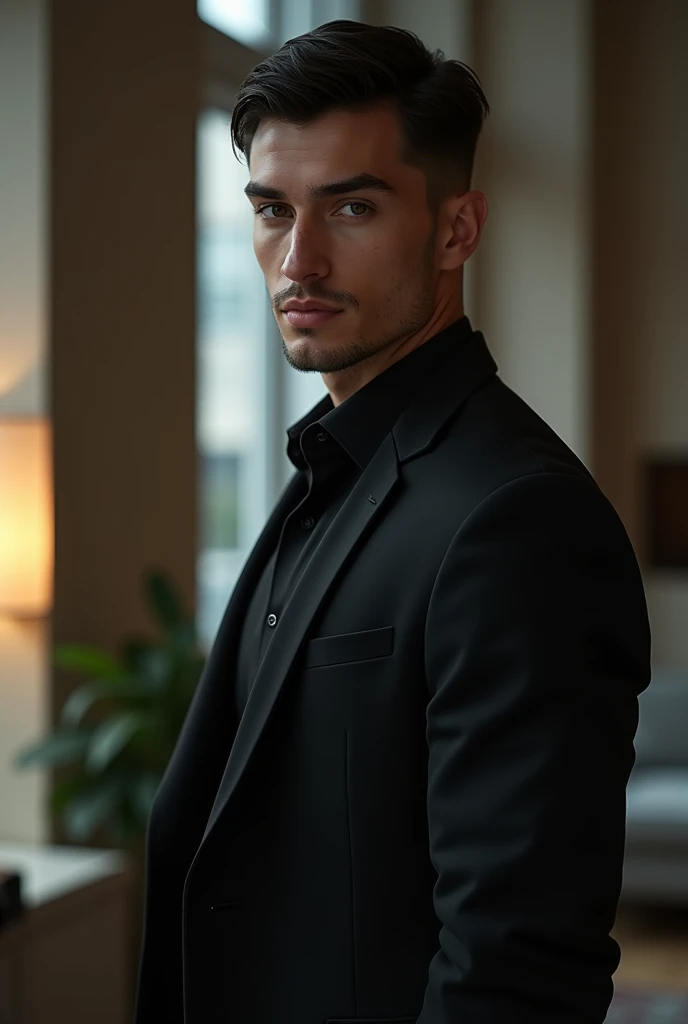 a beautiful young man, Vadim Kazachenko, medium shot, looking directly at the camera, handsome facial features, piercing eyes, strong jawline, short dark hair, neutral expression, wearing a black suit, standing in a modern minimalist interior setting, high...