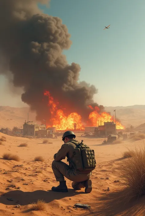 A soldier kneels in grief, looking at a burning and exploding camp in the middle of the desert.