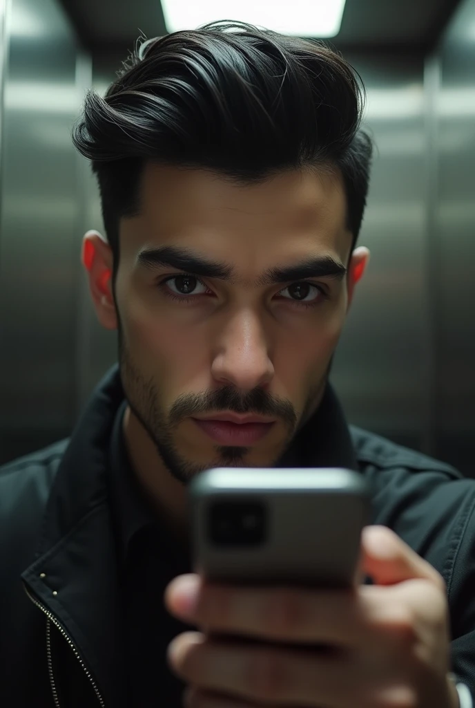 he is man, marked jaw, eyes browns, black quiff hair, selfie no espelho, ultra realisitic, 4K, realiatic, holding cell phone, he is young, he is in the elevator