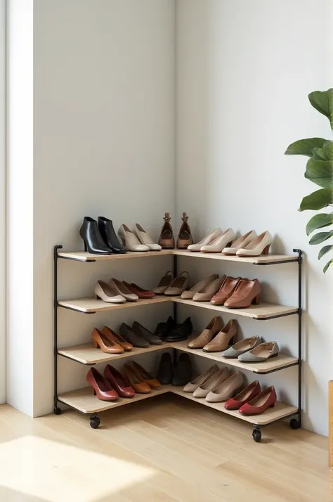 Can you draw a L shaped show rack on the corner of the room, each shelf having 3 shoes for me