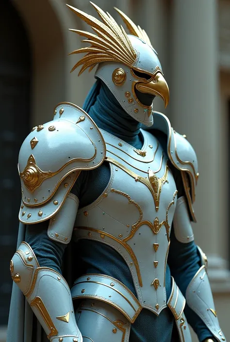 futuristic armor, cyber punk, medieval, gray with gold and blue details, highlighted, the armors helmet is inspired by an eagles head, with a golden wing, light armor, male, full body, 4k, work of art, realistic