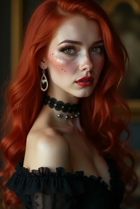 A very beautiful toreador vampire with extremely red hair, your eyes have complete heterochromia, she also has freckles, She has noble origins and is very fond of jewelry and always wears high heels., your high heel is elegant and chic 