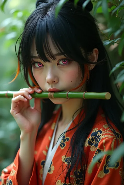 One with black hair with orange tips, pink eyes, a bamboo in her mouth and a komono