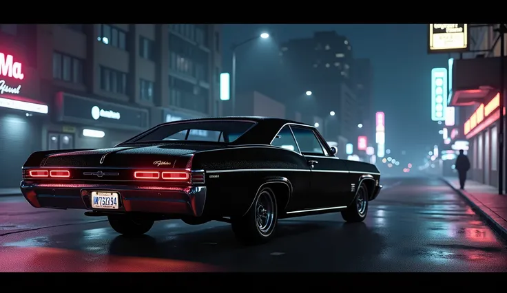 create a gta san andreas style illustration of a black Impala 67 at night from a distance 