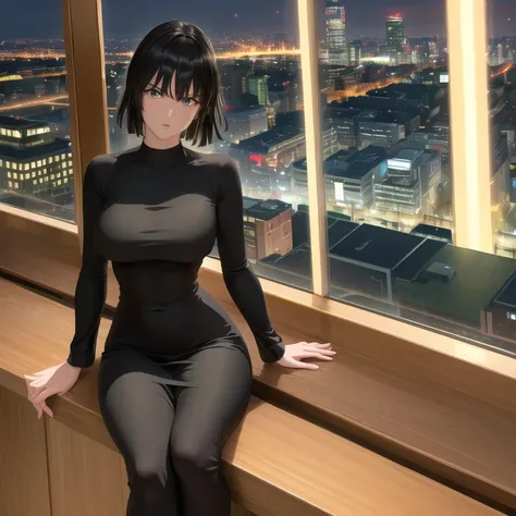 Masterpiece, best quality, ultra detailed, Fubuki from One Punch Man, is sitting, full body, large black dress, cinematic lighting, pouting, 4k, body proportion, thick body, city background, looking towards viewer, anime