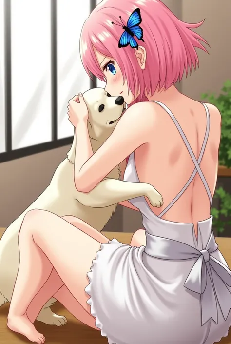 1 woman, alone, Nagano Nino, pink hair, butterfly hair ornament, (naked:1.3), (white apron), big breasts, rift, thigh, Cafe Background, (blushing:1.3)Horny with dogs..Bend your butt to allow the dog to mate.....chicken.Crawling to find a dog to fuck.&#39;i...