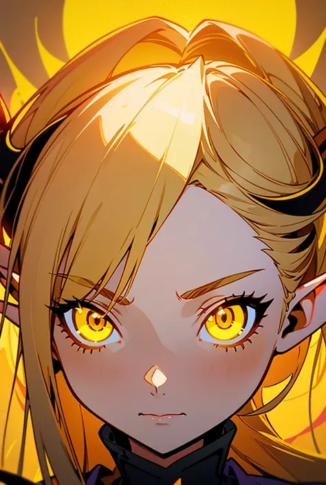 a close up of a woman with horns on her head, vector art inspired by Tomer Hanuka, pixiv, digital art, anime style illustration, she has elf ears and gold eyes, glowing yellow eyes, with glowing yellow eyes, clean detailed anime art, clean detailed anime s...