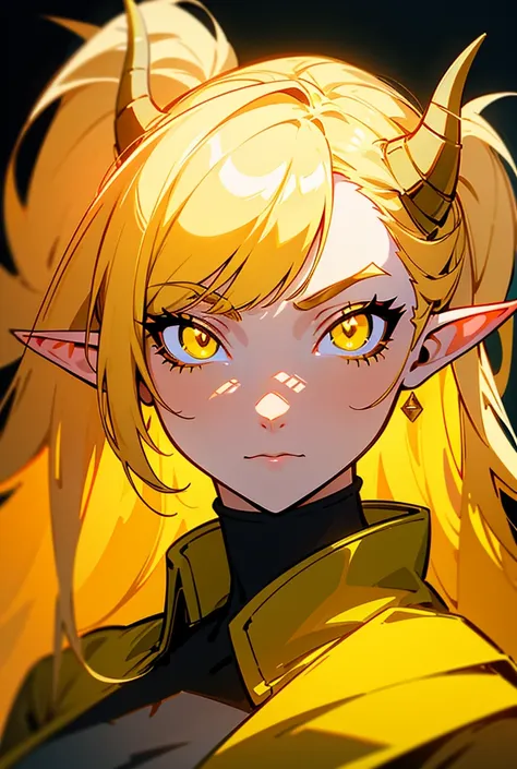 a close up of a woman with horns on her head, vector art inspired by Tomer Hanuka, pixiv, digital art, anime style illustration, she has elf ears and gold eyes, glowing yellow eyes, with glowing yellow eyes, clean detailed anime art, clean detailed anime s...