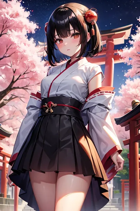 Girl, black hair, shrine maiden, bob hair, expressionless, Senbon Torii, night, cherry blossoms, mystery