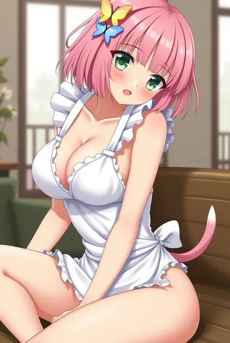 1 woman, alone, Nagano Nino, pink hair, butterfly hair ornament, (naked:1.3), (white apron), big breasts, rift, thigh, Cafe Background, (blushing:1.3)Horny with dogs..Bend your butt to allow the dog to mate.....chicken.Crawling to find a dog to fuck.&#39;i...