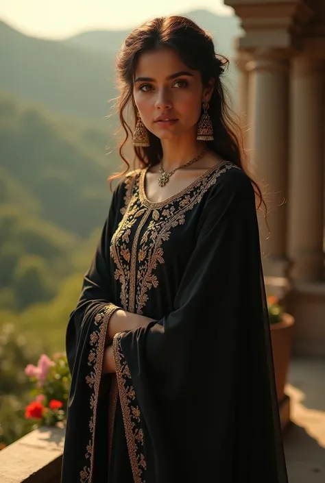 A beautiful Pakistani girl wearing traditional black dress and standing outside monal restaurant 