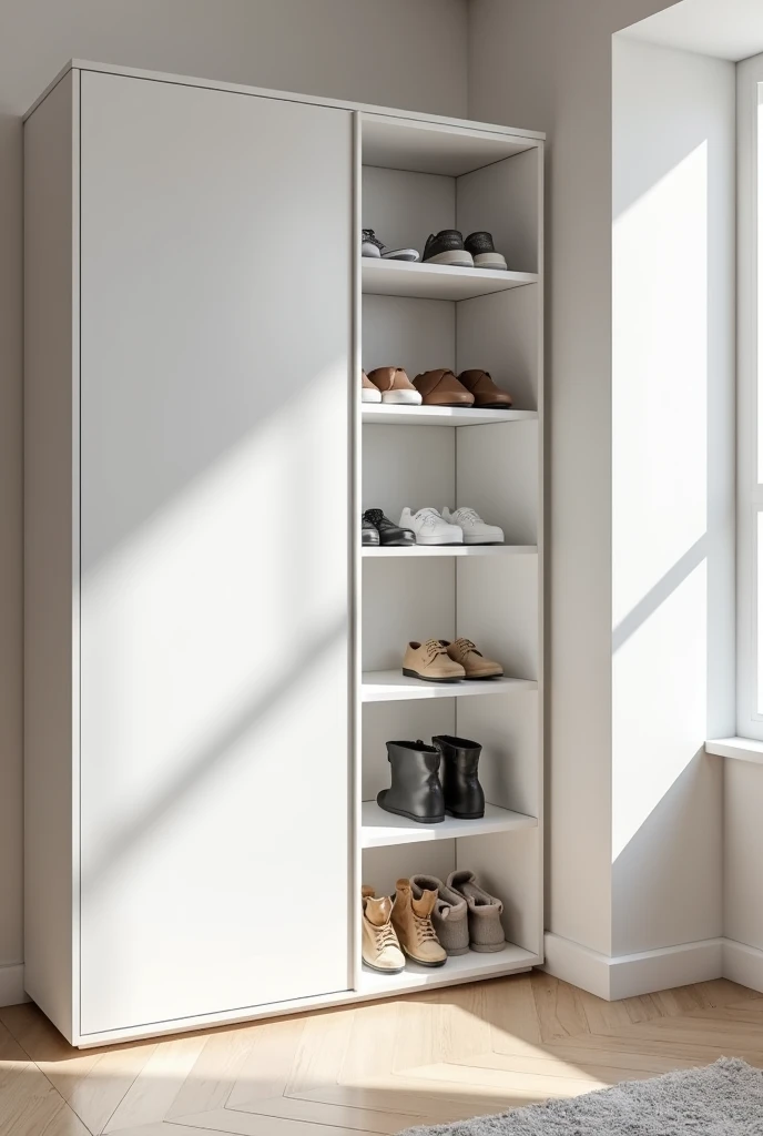 Can you make a 4 L shaped  shoe rack in white color which huge gap between them in the corner part of the room. And have a door on the left side of the shelfs. 
