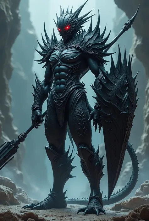 warrior with spear, humanoid appearance, shield, Fins on the arms and legs, armor with spikes similar to sea creatures, helmet, yugioh style, black armor and helmet, sea creature, without syrup, thin and not very muscular body, armor over the entire body, ...