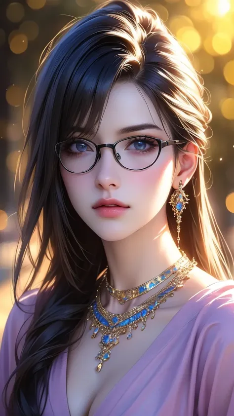 1girl, detailed realistic portrait, beautiful detailed eyes, beautiful detailed lips, extremely detailed face, longeyelashes, jewelry, glasses, choker, necklace, earrings, black choker, black-framed eyewear, breasts, cleavage, looking at viewer, bangs, lon...