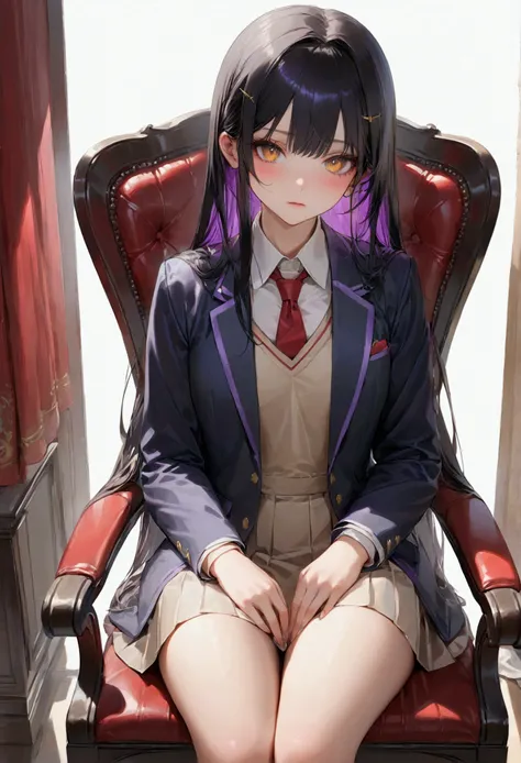 Long smooth straight black hair, inner colored dark-purple hair, golden eyes, stting on chair in academic uniform,masterpiece, super detail, best quality, 8k,semi-realistic