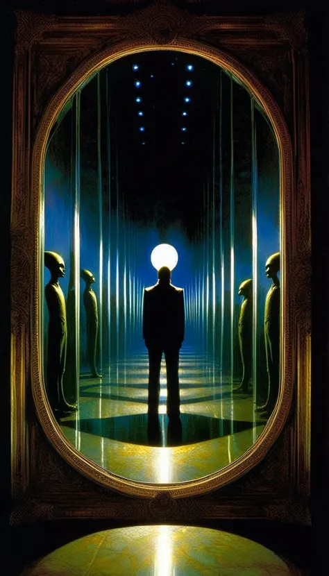 scenery, (no humans:1.5), (infinity mirror:1.5), (facing mirrors:1.5), opposite mirror, mirror in mirror, countless mirror, indoors, dark, horror (theme), (masterpiece), (best quality), (ultra-detailed), (hires), (illustration), art inspired by Bill Sienki...