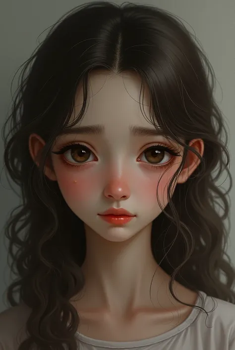 I want the image of a girl about , king, sparse eyebrows, nose a little droopy, round face, drooping brown eyes almost look sad, long curly brown hair realistic image