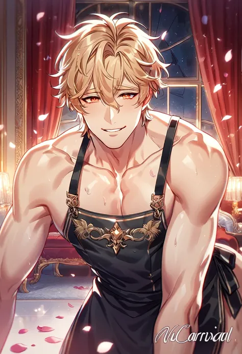 absurdres, highres, ultra detailed, HDR, master piece, best quality, detailed face, detailed eyes, Quincy, blonde hair, messy hair, expressive orange eyes, Nu Carnival, solo, sexy man, handsome, horny, lewd, smile, he is only wearing a black apron and noth...