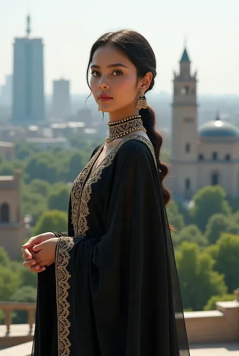 A beautiful Pakistani girl wearing traditional black dress and standing in islamabad 