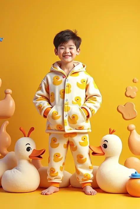 Create a  human wearing duck pajamas with a yellow cartoon background 