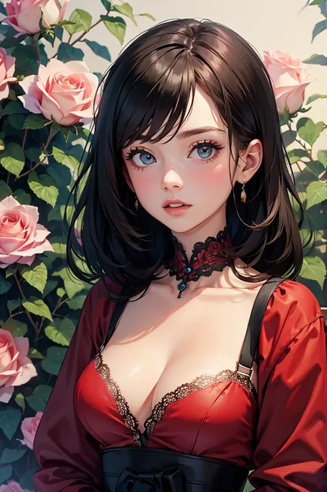 Girl surrounded by roses, upper body, colorful