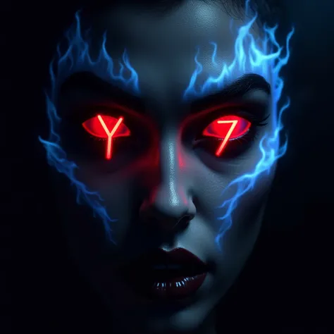 An evil red eye shadow with the letter Y and the number 7 in blue fire.