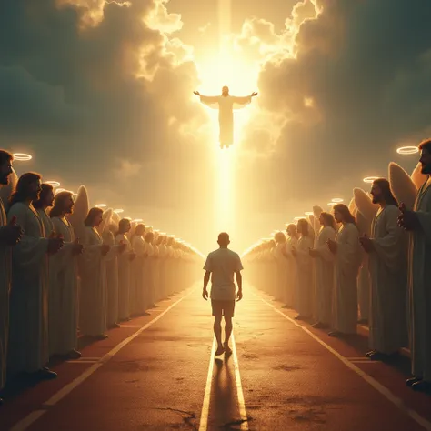 Depict a person standing at the start of a race track, looking ahead with determination. The track is illuminated by heavenly light, with angels and saints cheering along the way. At the finish line, Jesus waits with open arms, His expression filled with l...