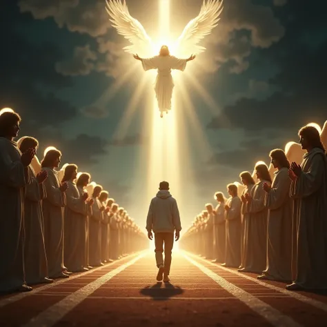 Depict a person standing at the start of a race track, looking ahead with determination. The track is illuminated by heavenly light, with angels and saints cheering along the way. At the finish line, Jesus waits with open arms, His expression filled with l...