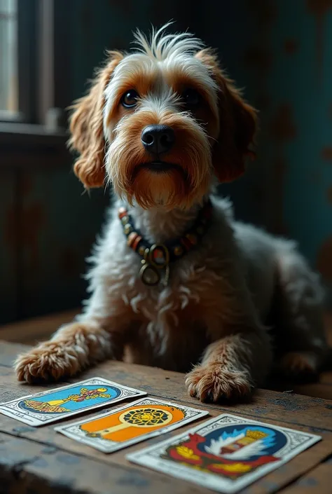 (photorealism:1.2) a Wirehaired Pointer sitting in front of tarot cards and seeing into the future