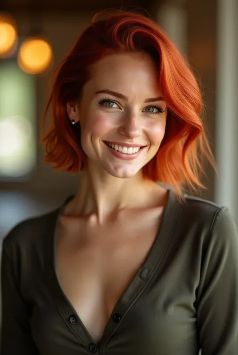 Une femme rousse, dune beauté captivante, se tient devant lobjectif avec une confiance naturelle. Ses cheveux, coupés au carré avec une précision élégante, encadrent son visage avec une touche moderne et sophistiquée. La couleur de ses cheveux, dun rouge é...