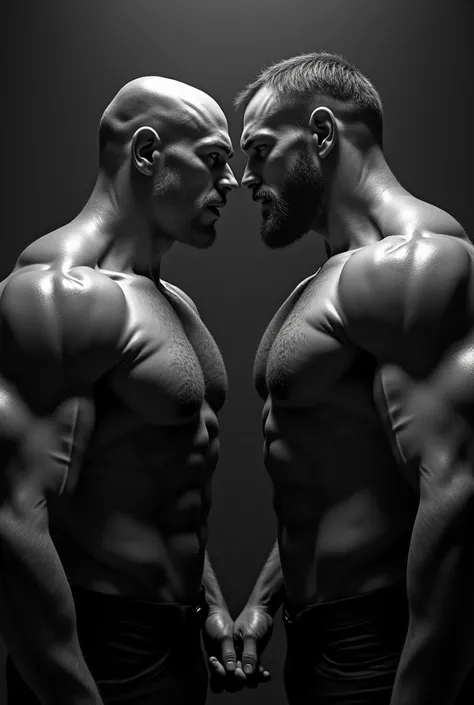 two men staring at each other with abs and biceps one good and another evil in dark room face blurred with black and white background
