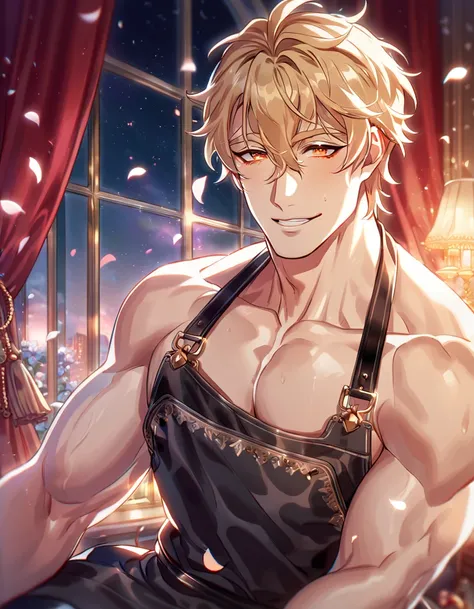 absurdres, highres, ultra detailed, HDR, master piece, best quality, detailed face, detailed eyes, Quincy, blonde hair, messy hair, expressive orange eyes, Nu Carnival, solo, sexy man, handsome, horny, lewd, smile, he is only wearing a black apron and noth...