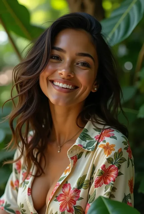 A Brazilian woman in a lush tropical garden, wearing an open shirt with a floral print, with a close-up capturing the harmonious beauty between her breasts and the natural flowers, showing off your natural charm and outgoing personality.