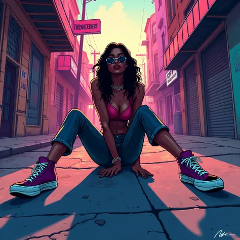 Black shadow of a woman sitting on the sidewalk showing her cartoon style hip hop shoes, Vice City GTA, multi-colored street background, (view from below)