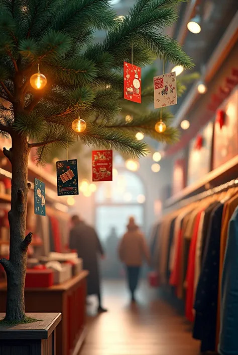 Christmas Cards hanging on the pine tree inside a clothe store, 8K, High Quality, Photorealistic, Cards hagging