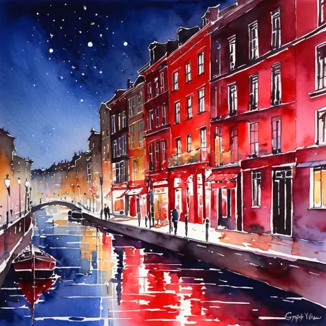 best qualityer, very well, 16K, delicate and dynamic, excellent watercolor landscape painting, A beautiful red light district at night, modern and retro, pop and classical, new and old, learning from the past, (magnificent view:1.7) , (Watercolor technique...