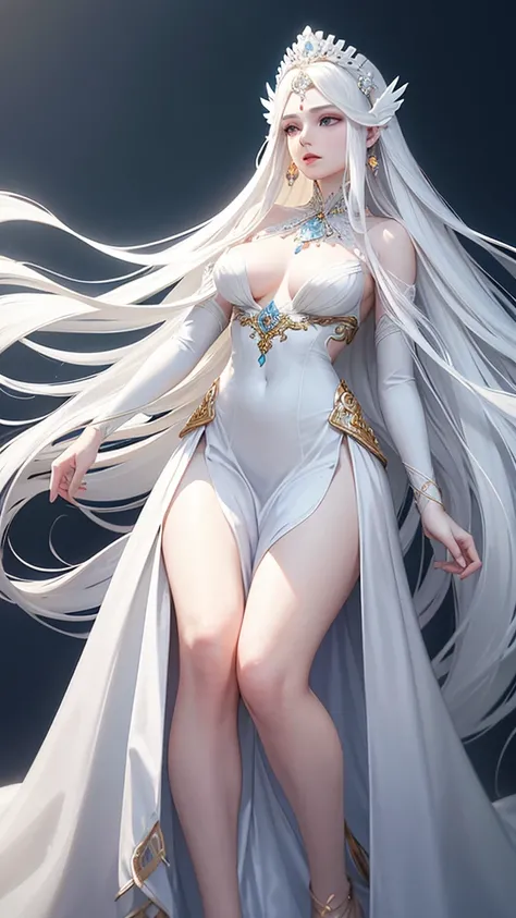 a beautiful goddess of beauty, long flowing hair, flawless porcelain skin, elegant posture, regal headdress, flowing white dress, delicate facial features, serene expression, surrounded by ethereal light, subtle color palette, atmospheric lighting, photore...