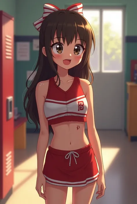 Cute cheerleader girl peeing her uniform