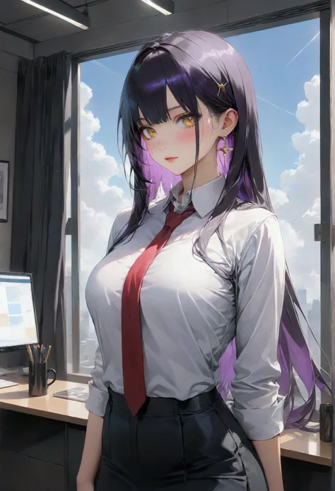 Long smooth straight black hair, inner colored dark-purple hair, golden eyes, standing in office uniform,masterpiece, super detail, best quality, 8k,semi-realistic