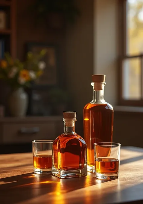 photography realistic, announcement, from front view, Products, create a blurred background that matches whiskey and a wooden foreground table