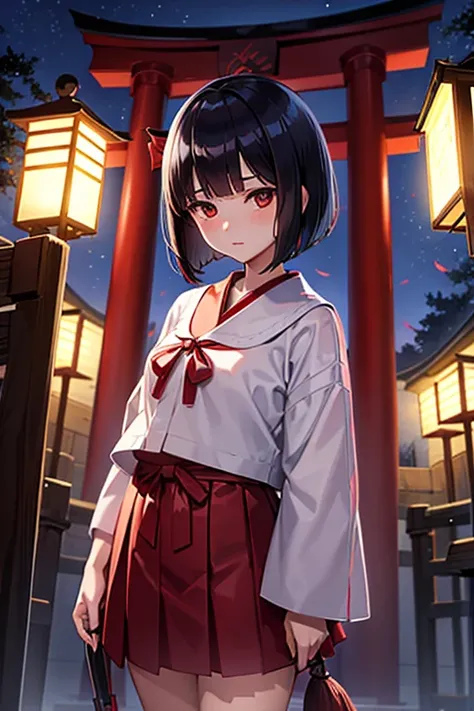 Elementary school student, shrine maiden outfit, black hair, short bob, late night, torii gate, shrine, talisman, solemn, darkness