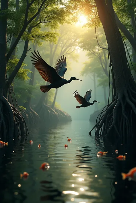 Photorealism 1.4 realistic realism high detailed definition  mangrove swamp two  bird flying around  black water  sunlight silhouette  fish jump out of water